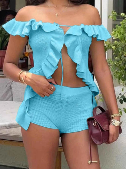 Off-Shoulder Ruffle Top and Shorts Sweater Set