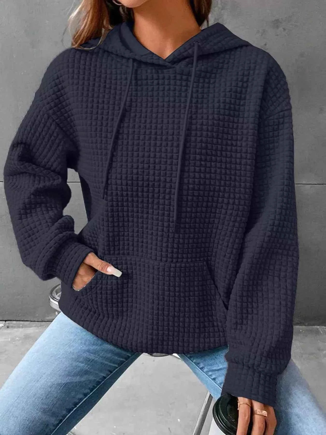 Full Size Textured Kangaroo Pocket Hoodie Plus Size