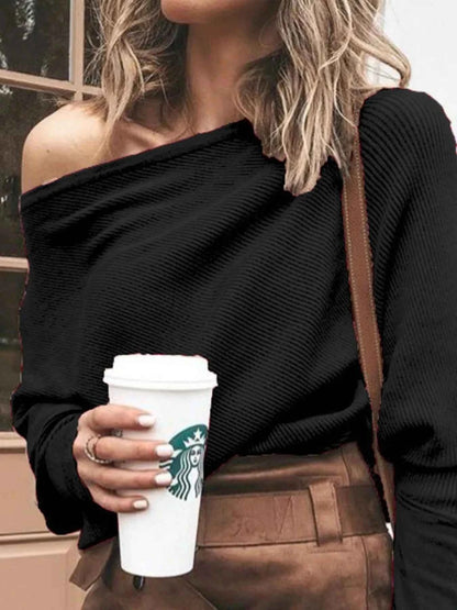 Full Size One-Shoulder Ribbed Sweater Plus Size