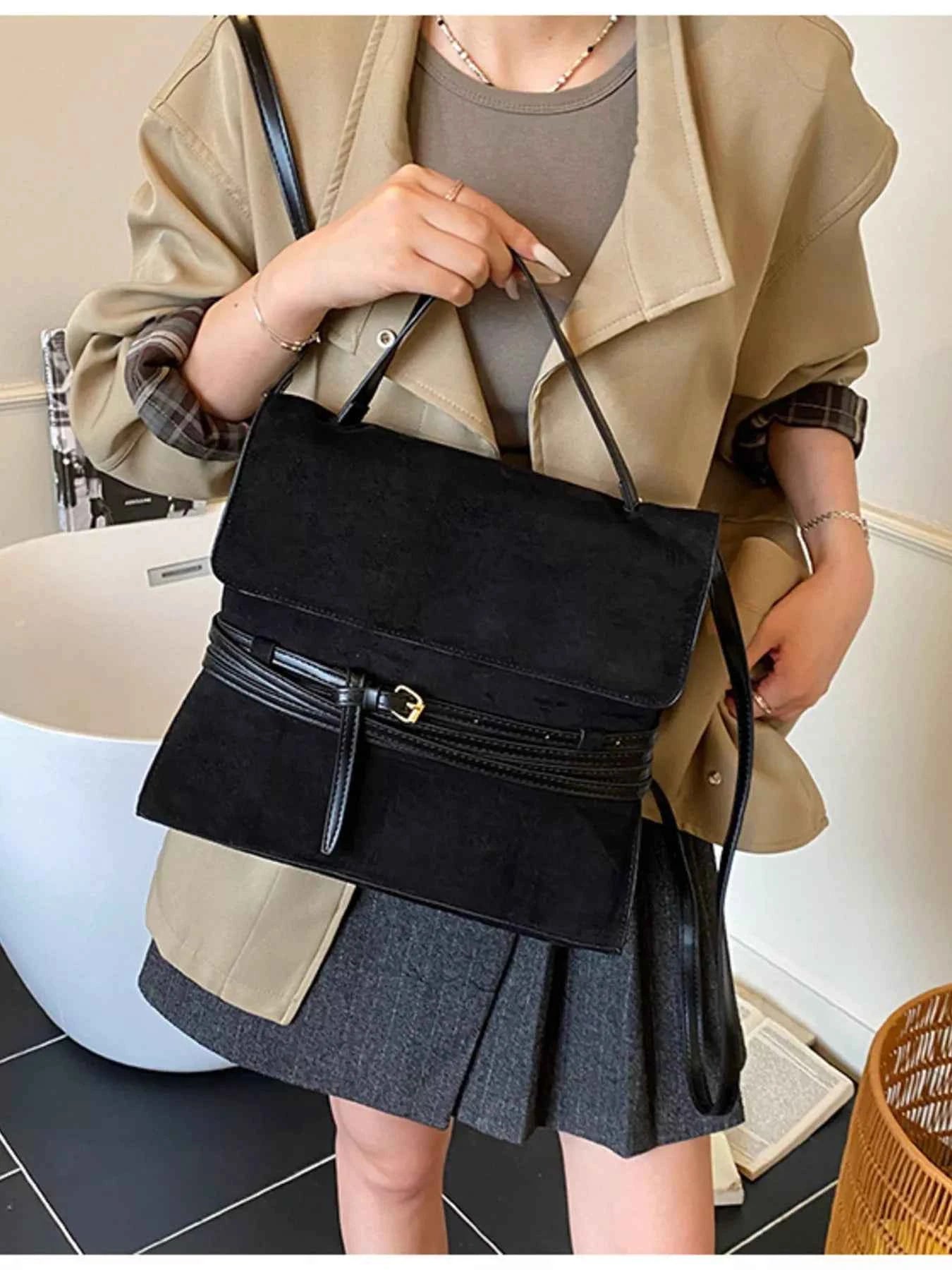 Suede Leather Belt Decor Backpack Bag