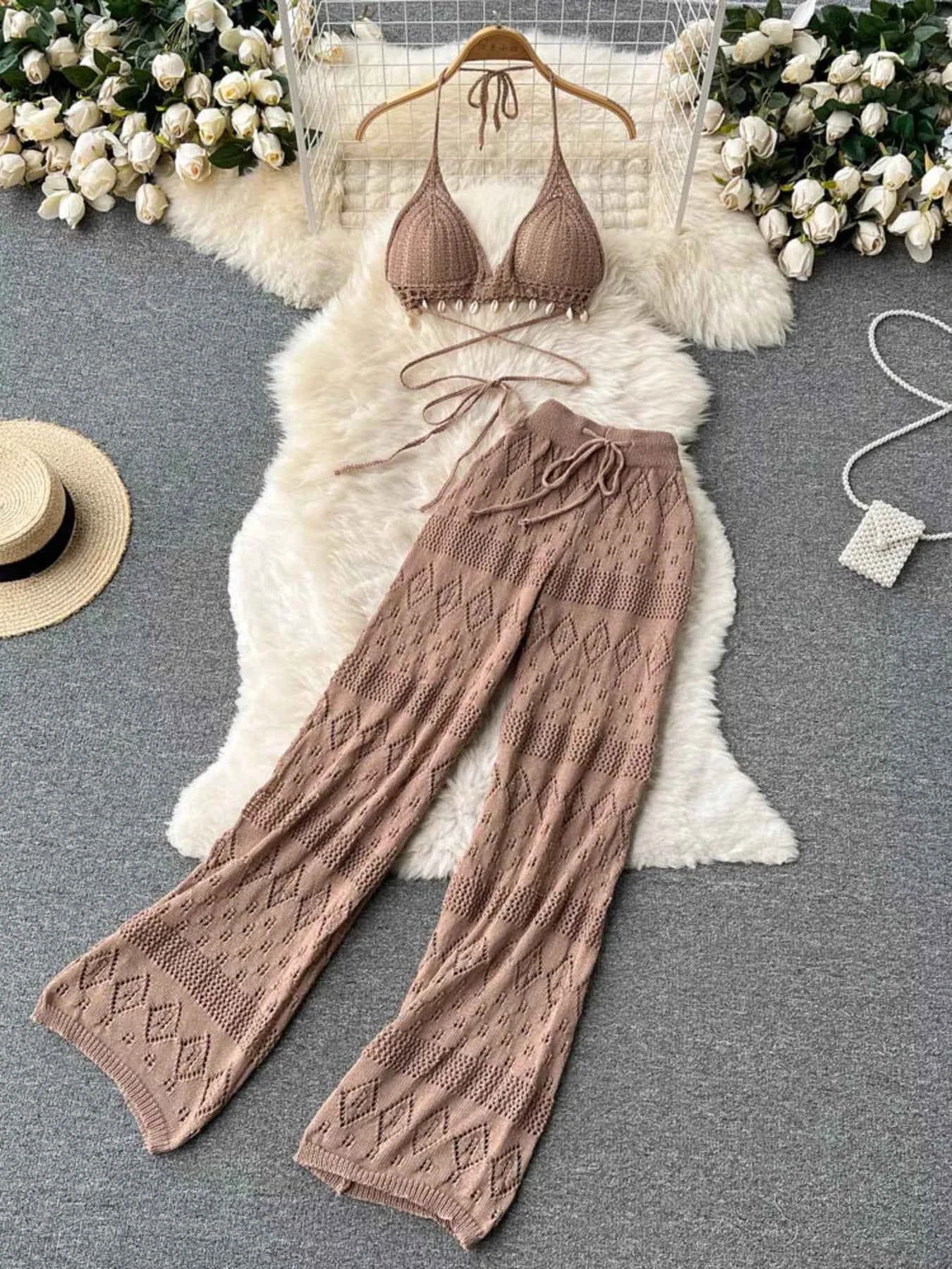 Crochet Knit Halter Neck Top and Wide Leg Pants Set