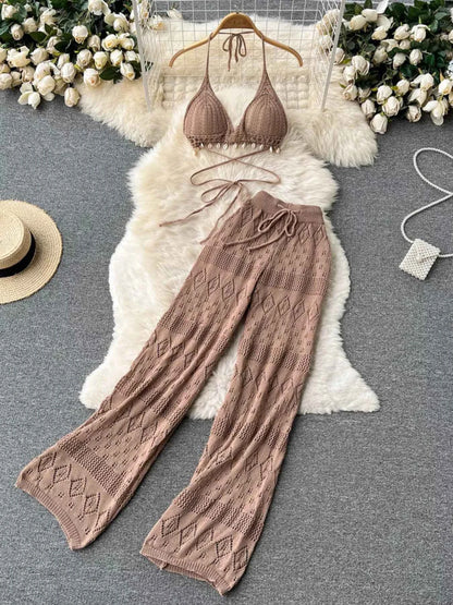 Crochet Knit Halter Neck Top and Wide Leg Pants Set