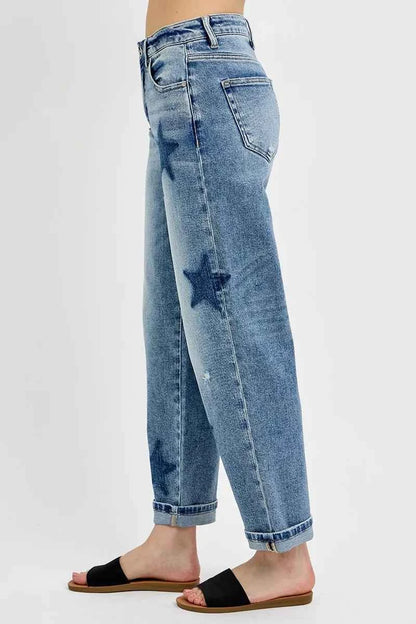 RISEN Full Size Mid Rise Boyfriend Star Shadow Detail Cuffed Jeans Plus Size