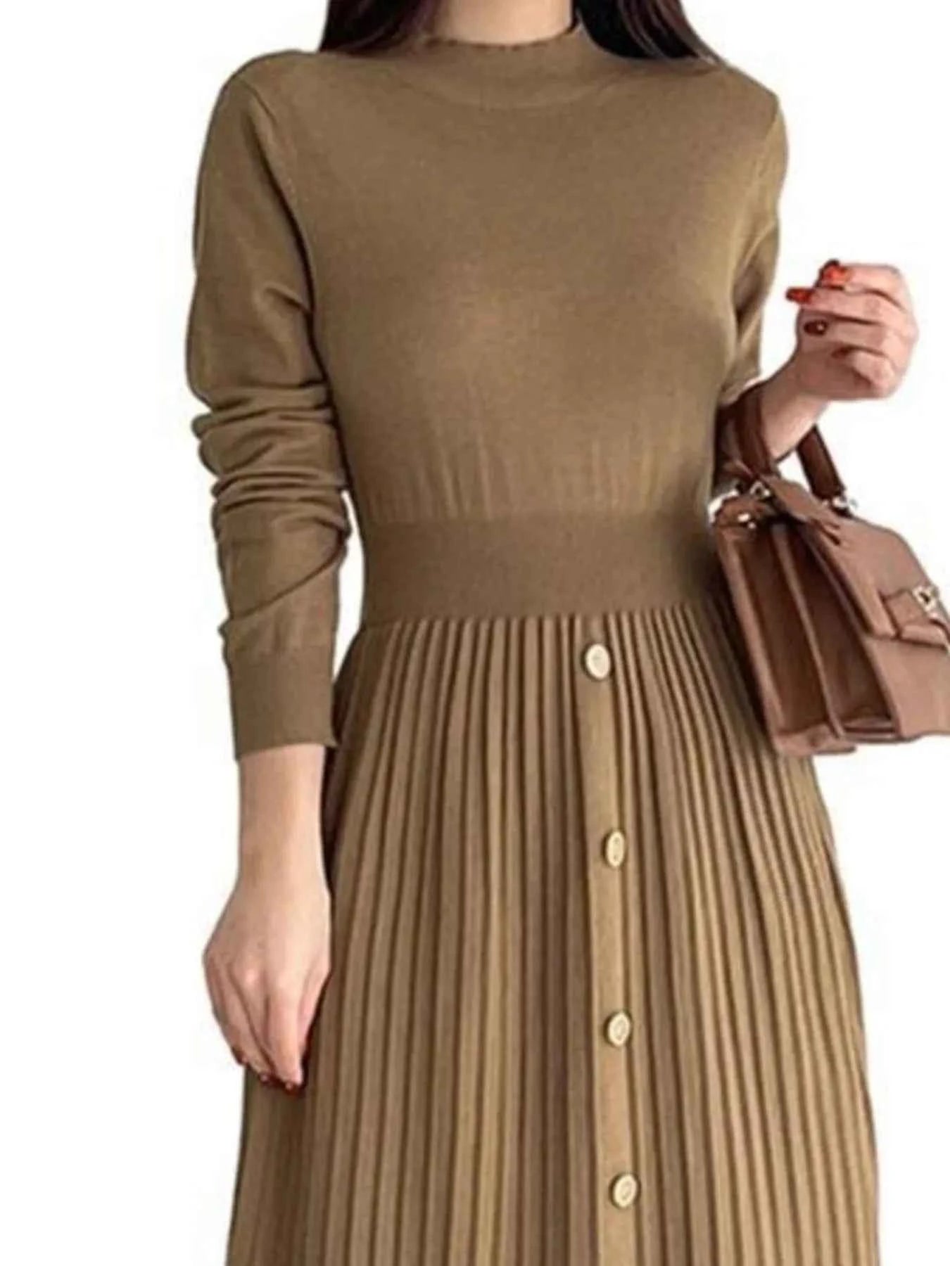 Slit Front Mock Neck Long Sleeve Knit Dress