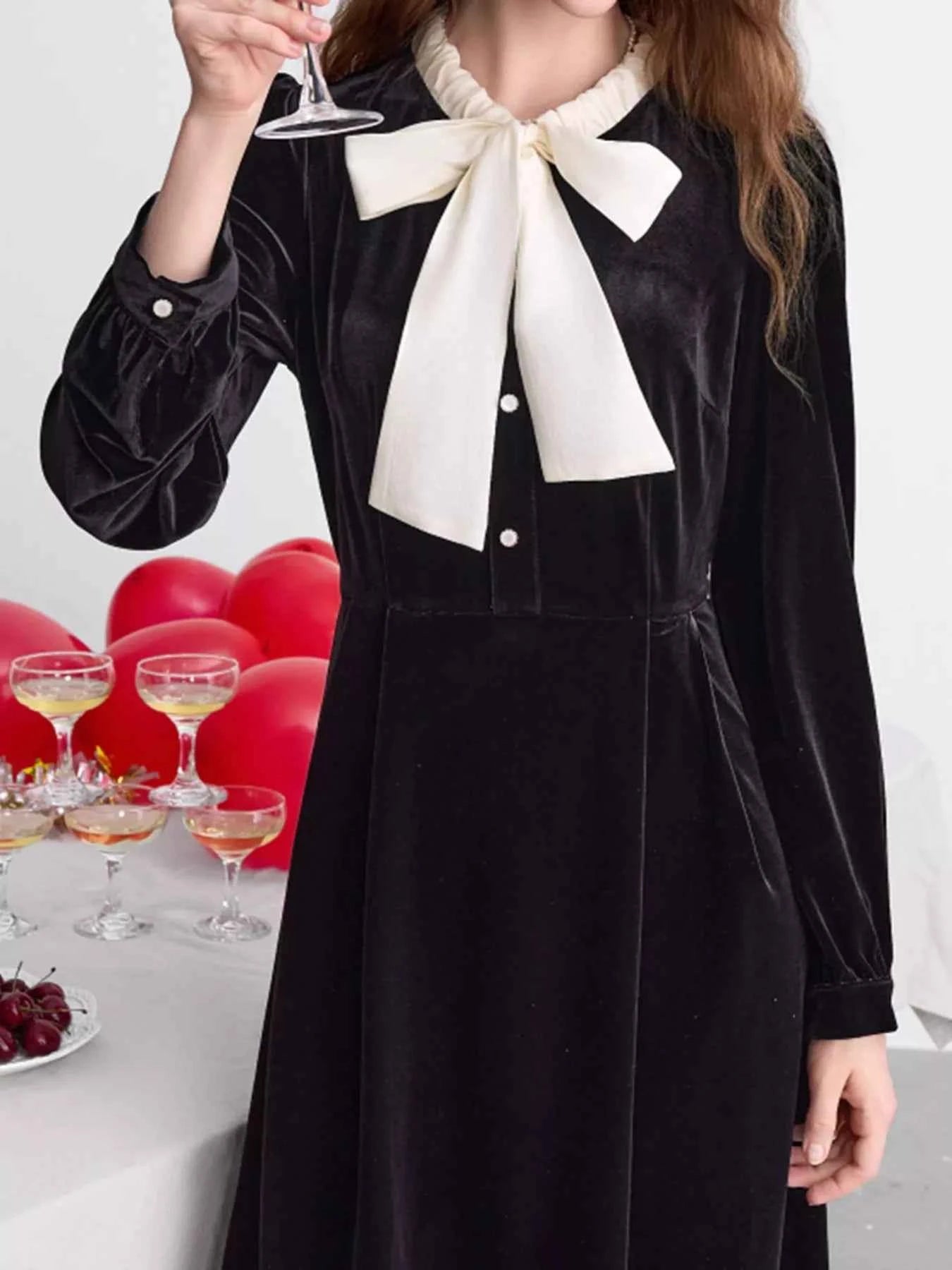 Velvet Bowknot Long Sleeve A-Line Dress
