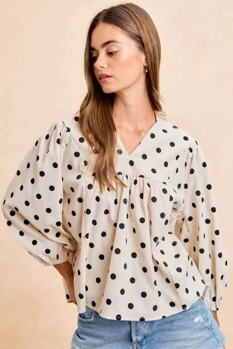BiBi Polka Dot Corduroy Quarter Sleeves V Neck Blouse
