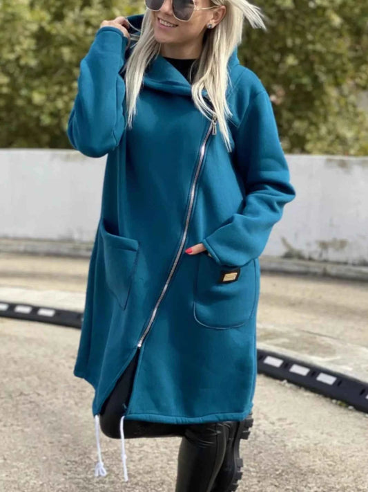 Full Size Asymmetrical Zip-Up Hooded Fleece Outerwear Plus Size