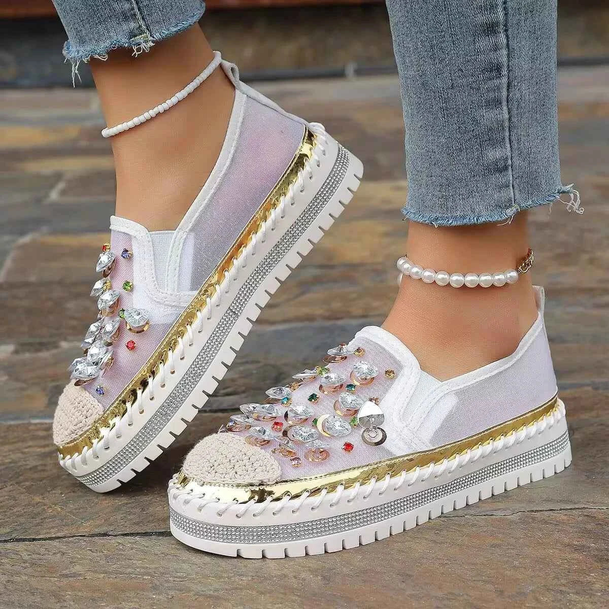 Rhinestone Decor Platform Loafers