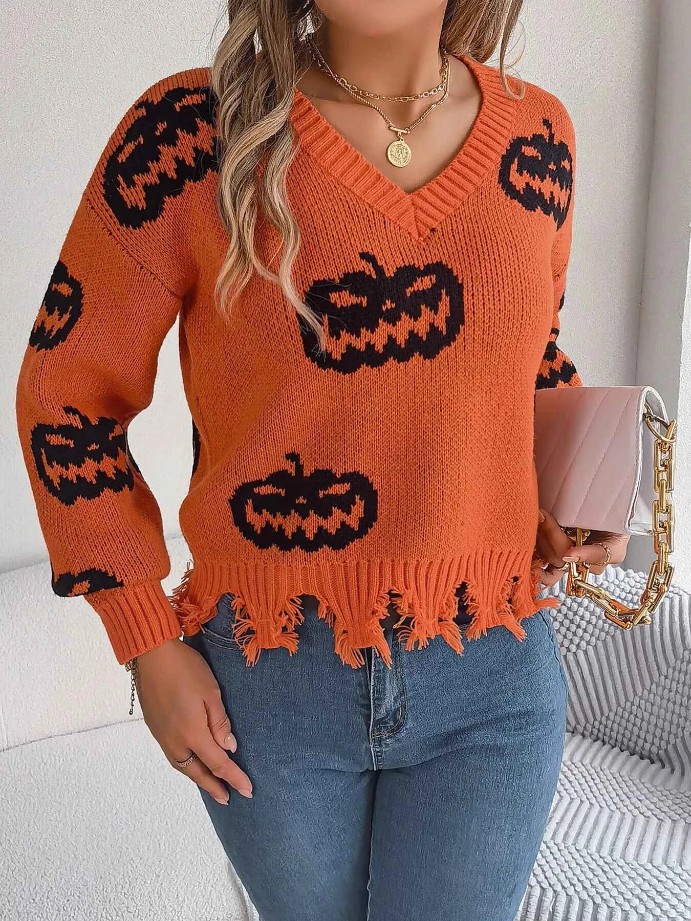Halloween Pumpkin Pattern Raw Hem V-Neck Sweater