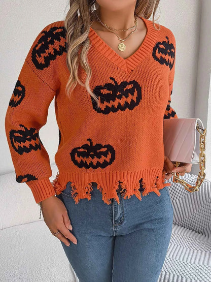 Halloween Pumpkin Pattern Raw Hem V-Neck Sweater