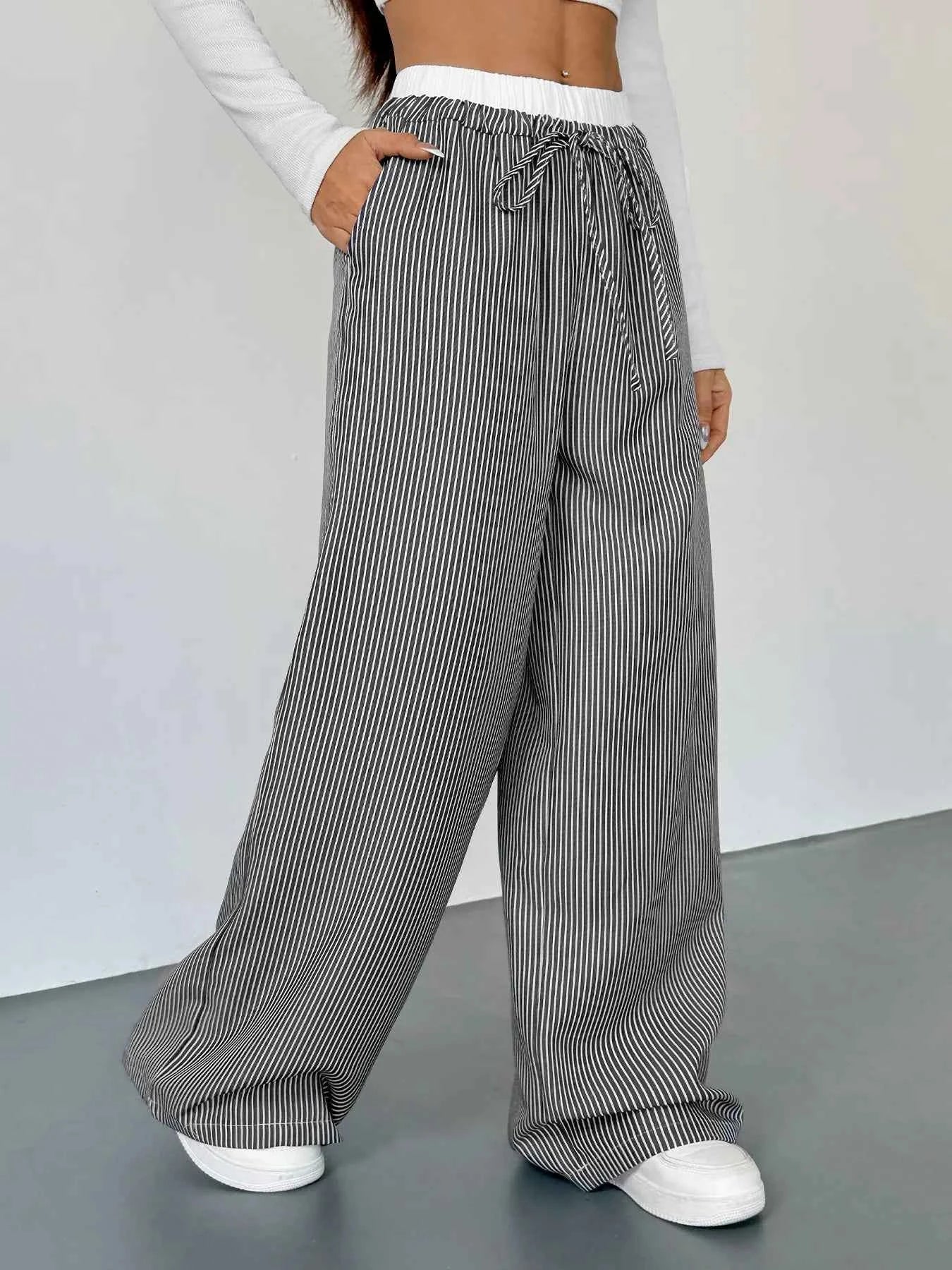 Striped Wide Leg Drawstring Pants