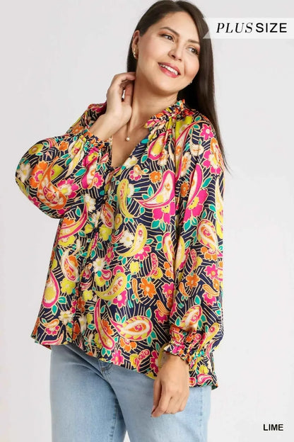 Umgee Full Size Satin Paisley Ruffle Neck Button-Up Shirt Plus Size