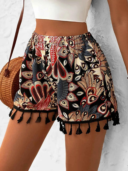 Paisley Print Tassel Hem Shorts