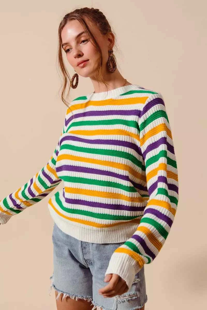 SO ME Mardi Gras Color Stripe Knit Sweater Top