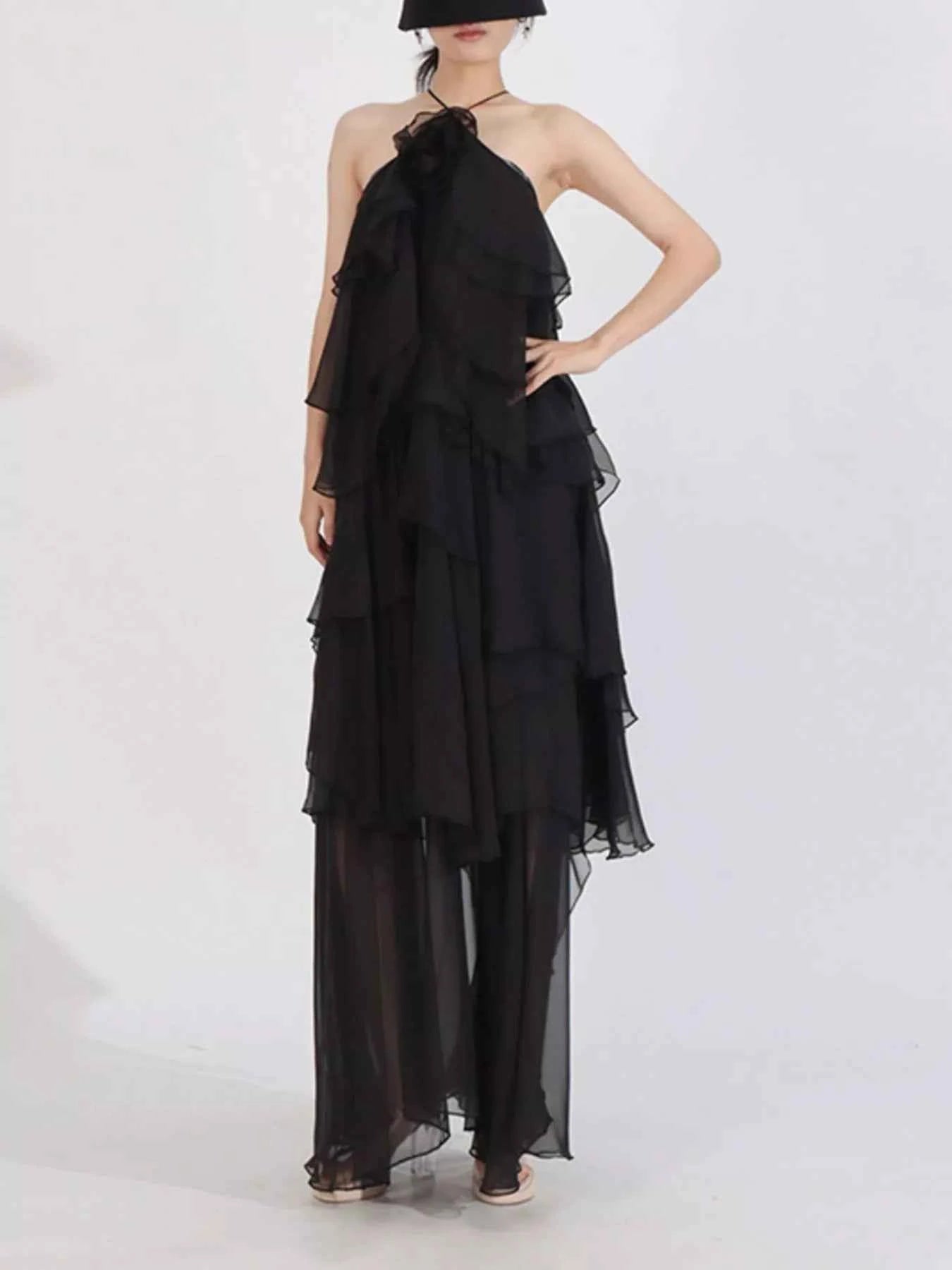Ruffled Chiffon Halter Neck Maxi Dress