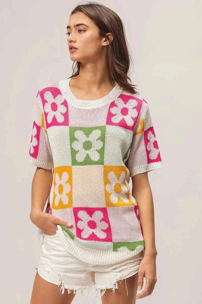 BiBi Flower Checker Pattern Lightweight Sweater Top