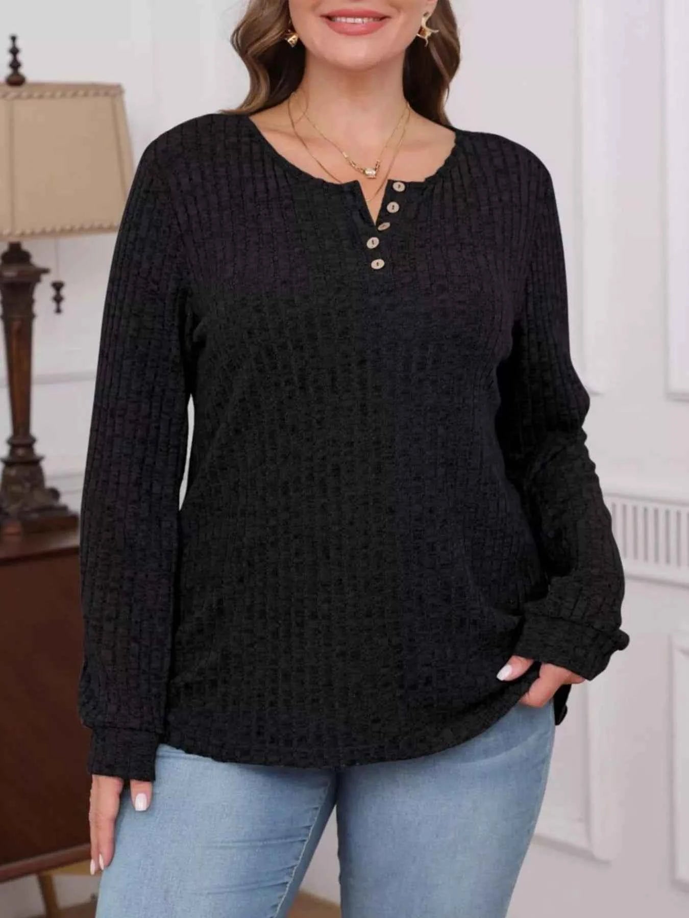 Ribbed Knit Button-Front Long Sleeve T-Shirt
