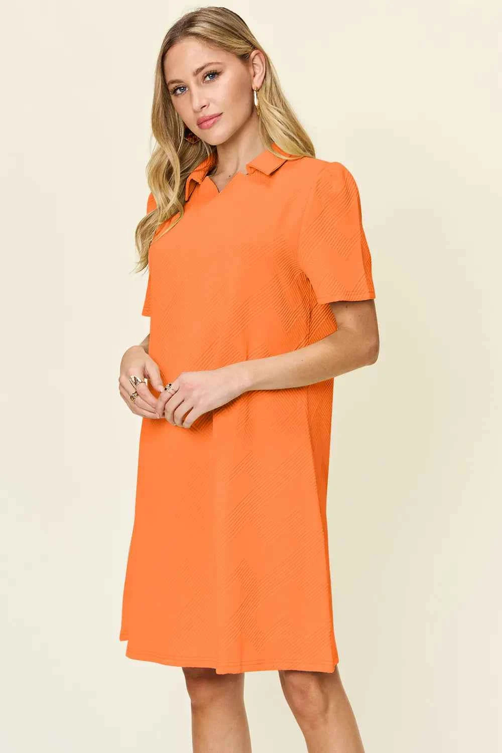Double Take Full Size Texture Collared Neck Short Sleeve Dress