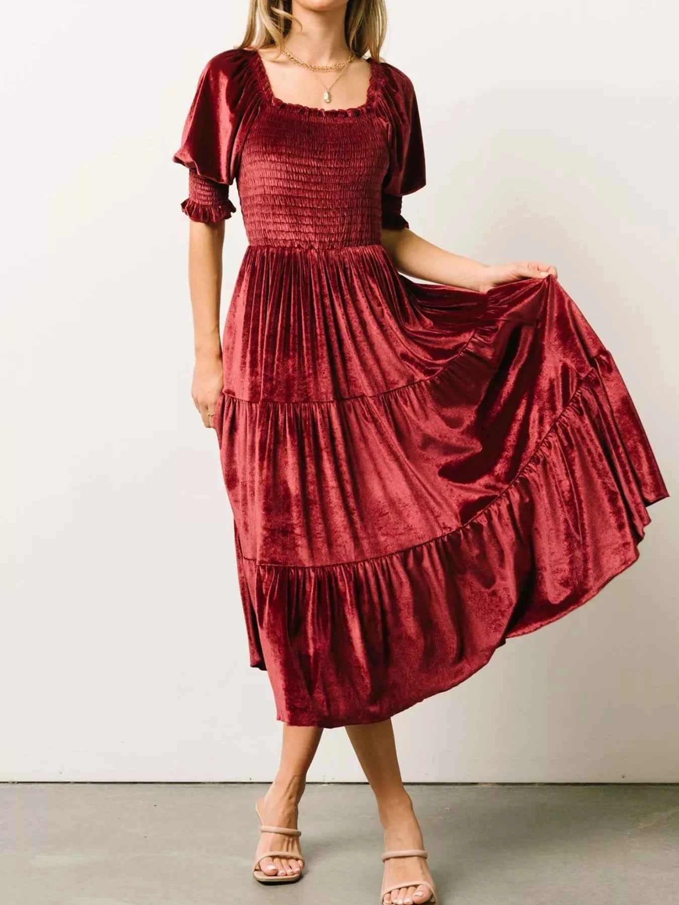 Velvet Smocked Tiered Midi Dress