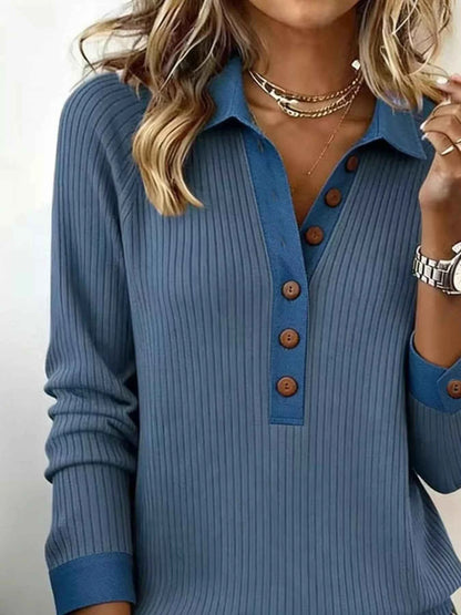 Full Size Half Button Ribbed Long Sleeve Knit Top Plus Size