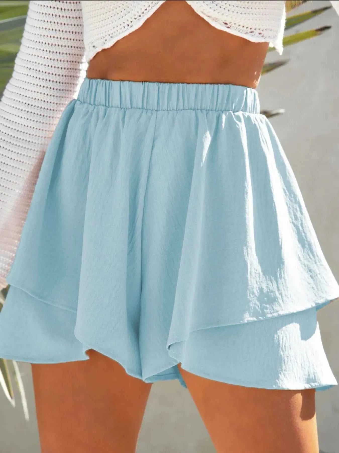 High-Waisted Elastic Waistband Layered Shorts