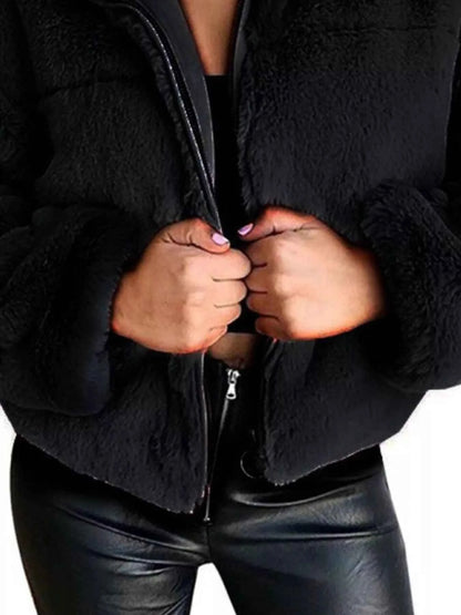 Full Size Faux Fur Cropped Zip-Up Jacket Plus Size