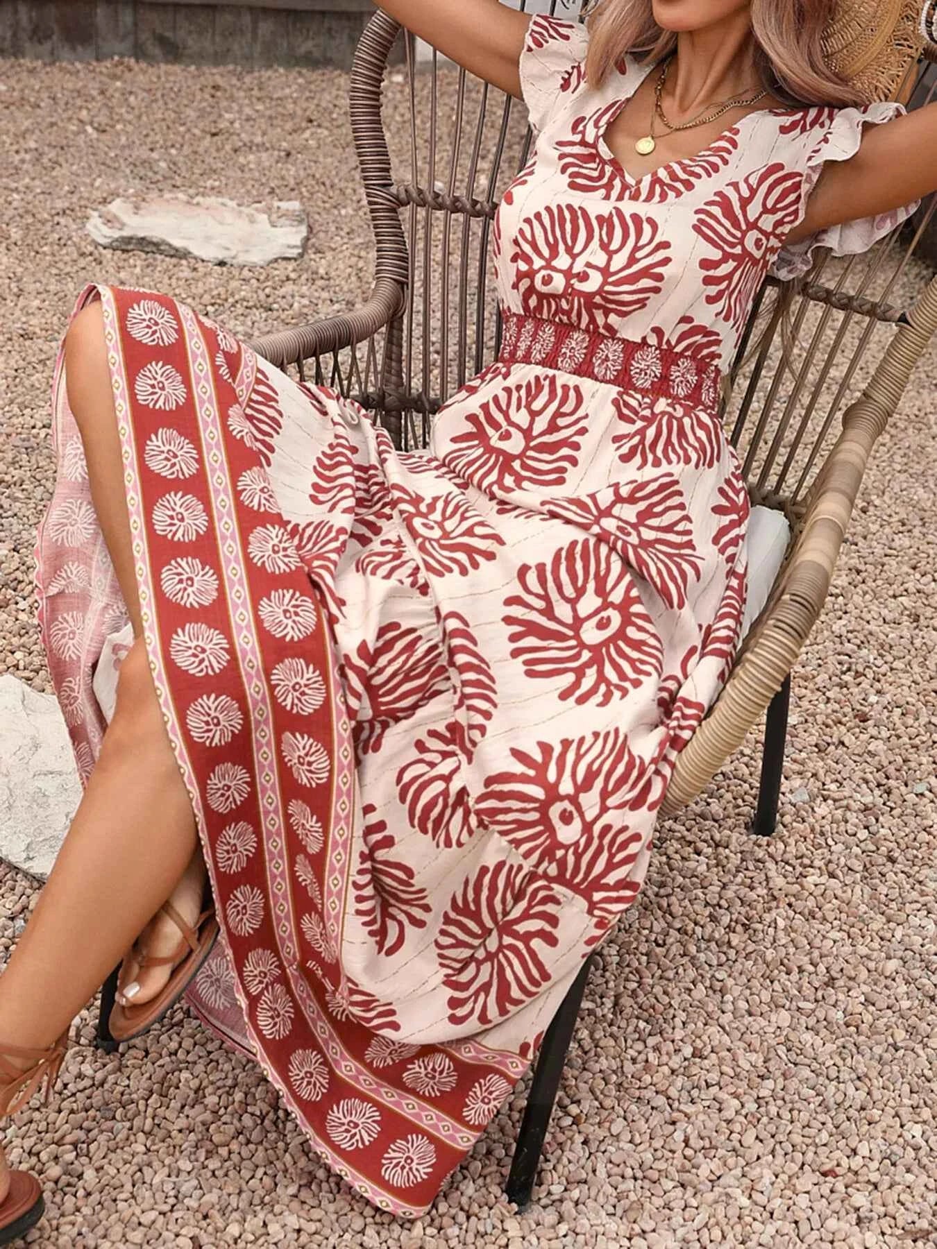 Printed V-Neck Cap Sleeve Dress