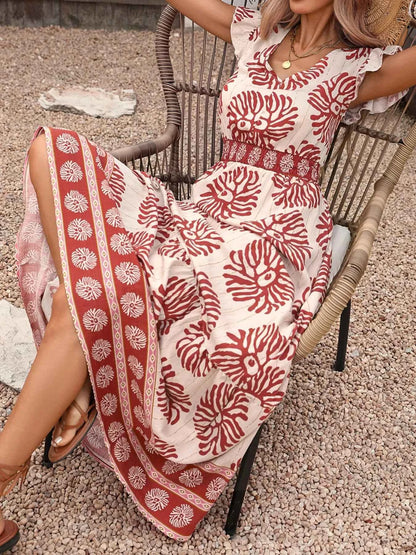 Printed V-Neck Cap Sleeve Dress