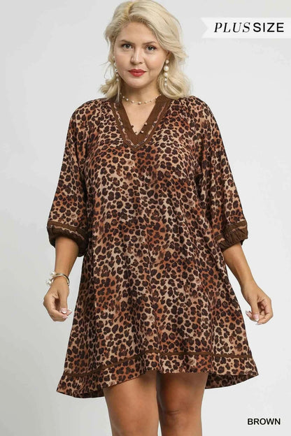 Umgee Full Size Leopard Print Mini Dress with Contrast Trim Plus Size