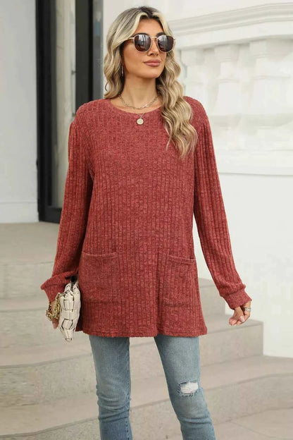 Long Sleeve Ribbed Knit Top with Front Pockets