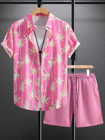 Men's Palm Tree Print Top and Shorts Summer Set