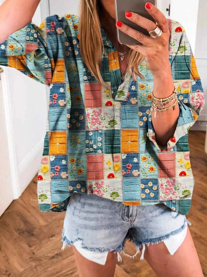 Patchwork Print Notched Long Sleeve Blouse