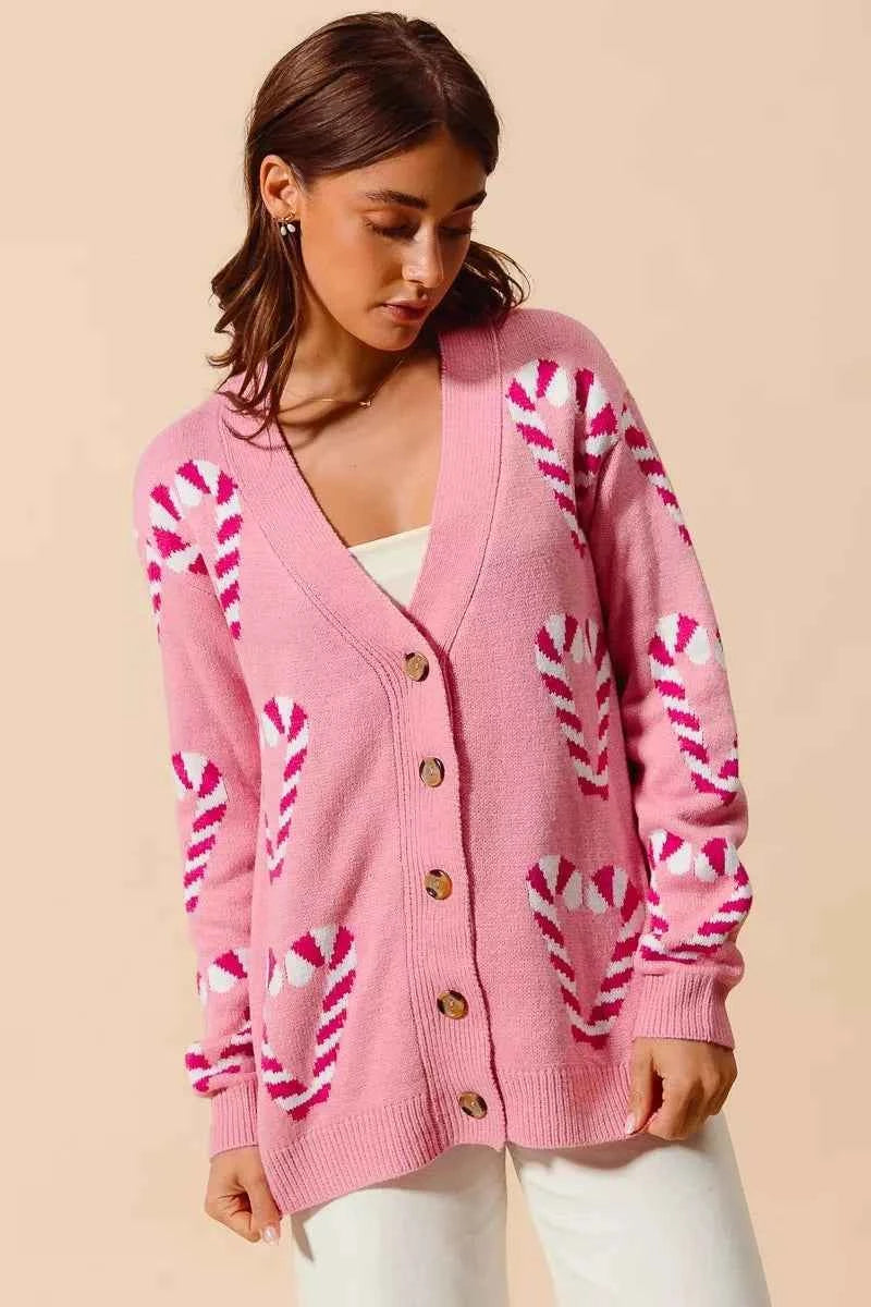 SO ME Christmas Candy Cane Button Front Sweater Cardigan