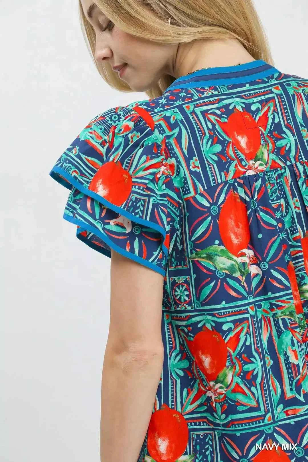 Umgee Abstract Print Flutter Sleeve Blouse
