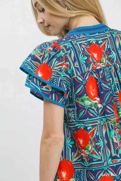 Umgee Abstract Print Flutter Sleeve Blouse