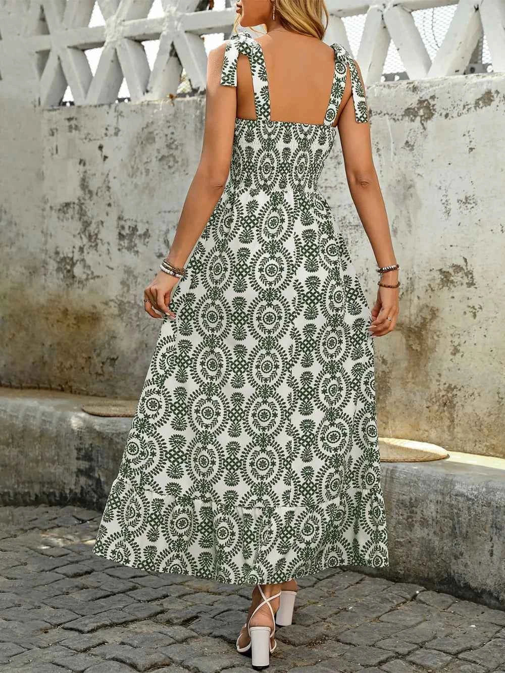 Smocked Slit Printed Tie Shoulder Dress