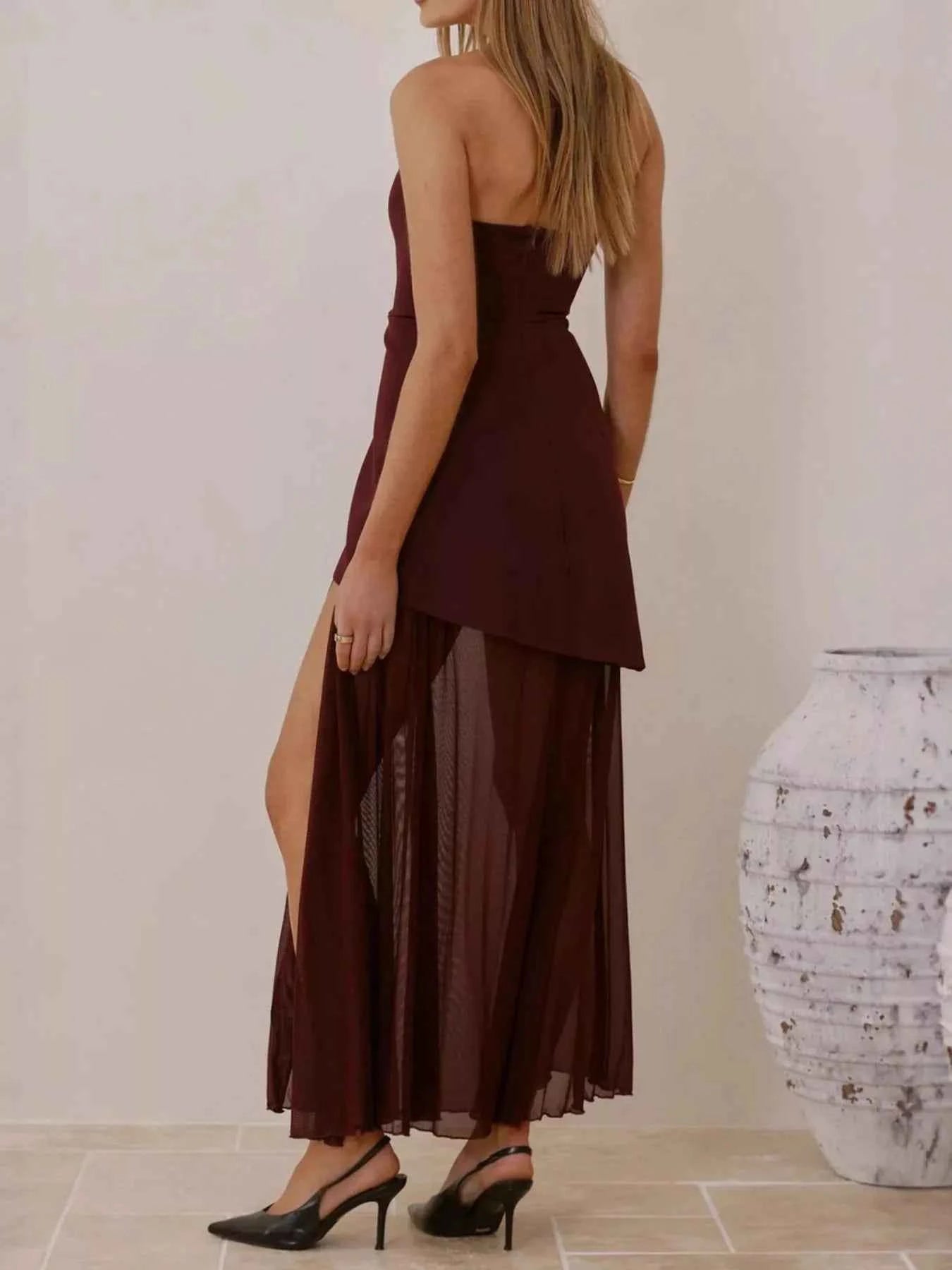 High Slit Mesh Tube Maxi Dress