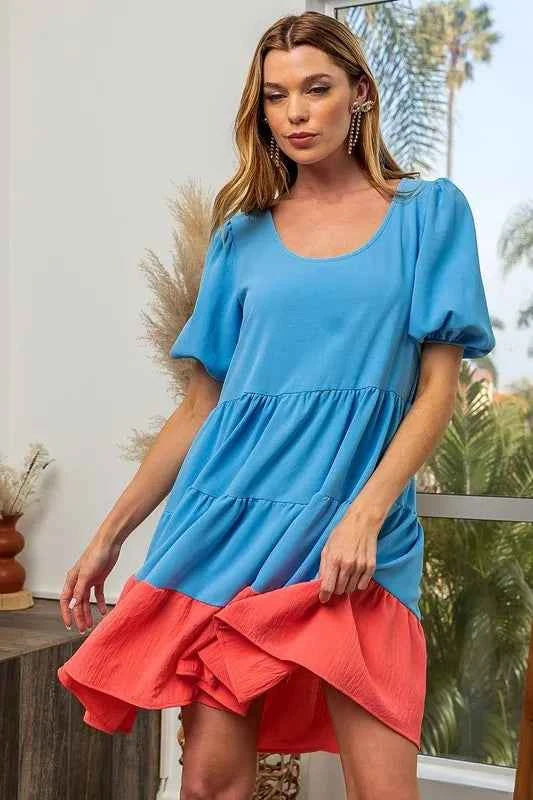 BiBi Two-Tone Balloon Sleeves U Neck Tiered Ruffle Hem Mini Dress