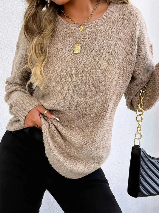 Textured Knit Relaxed Fit Round Neck Sweater