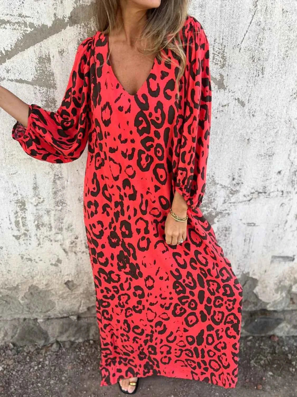 Full Size Printed V-Neck Dress with Pockets Plus Size