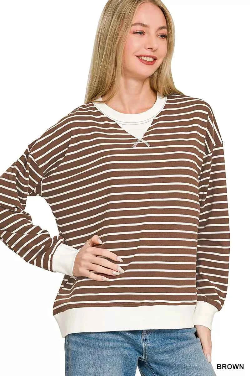 Zenana Contrast Striped Round Neck Sweatshirt