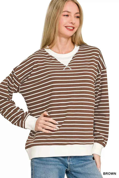 Zenana Contrast Striped Round Neck Sweatshirt
