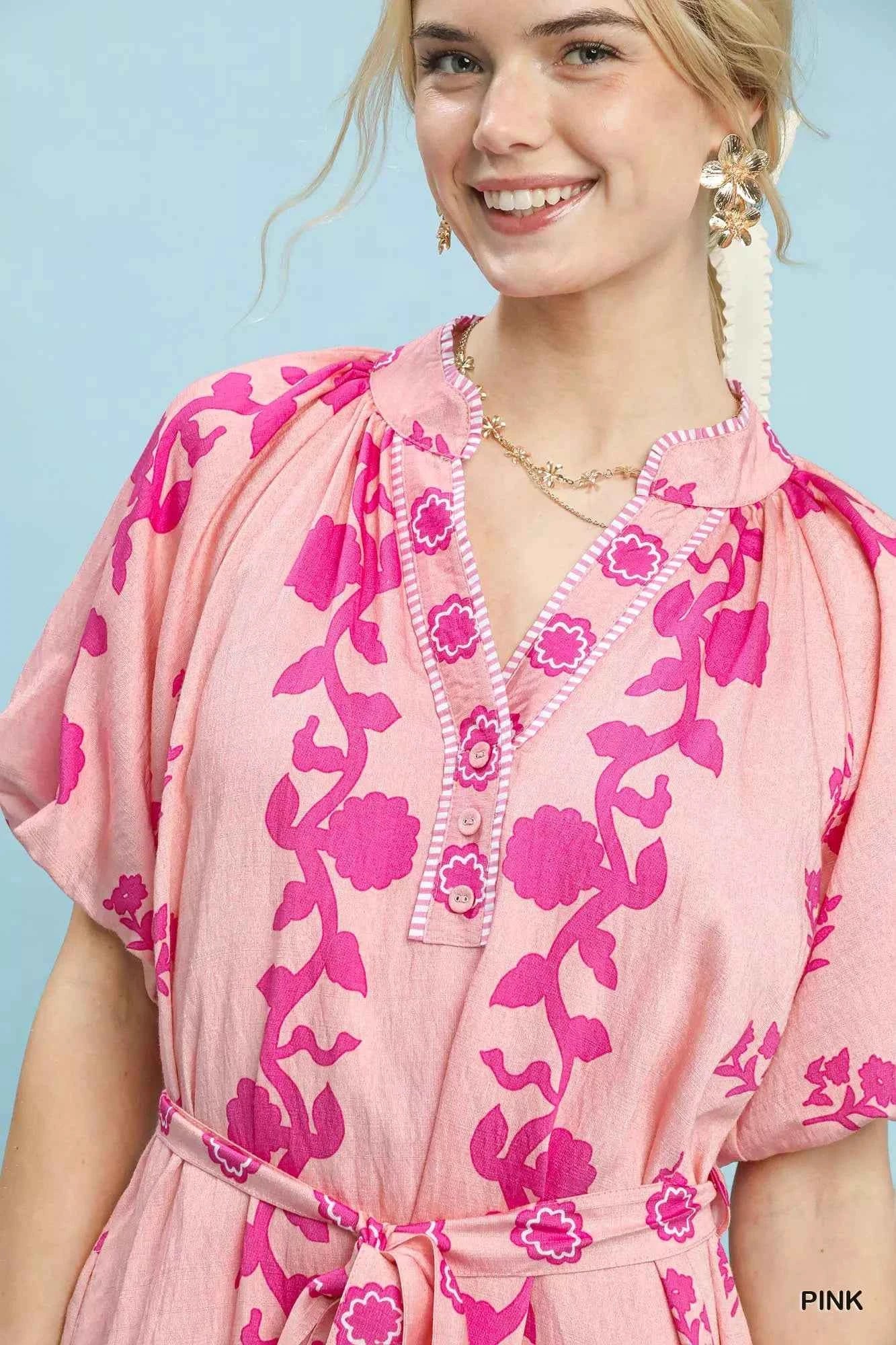 Umgee Floral Tie-Waist Boho Mini Dress