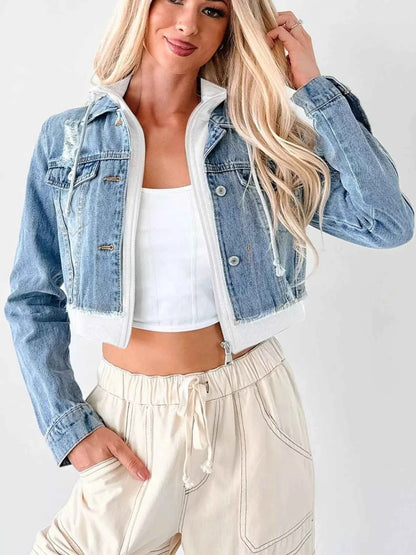 Distressed Zip Up Cropped Hooded Denim Jacket