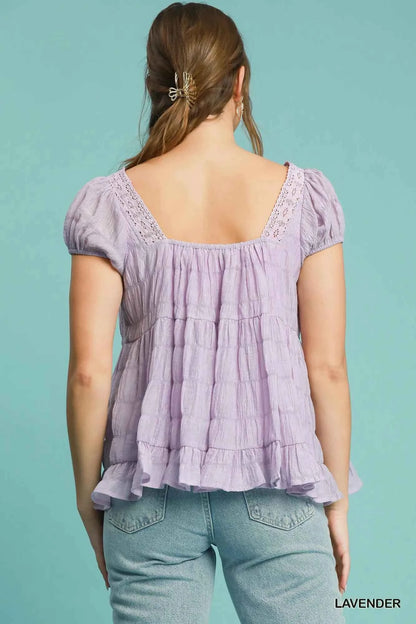 Umgee Textured Square Neck Bow Tie Blouse with Ruffle Hem