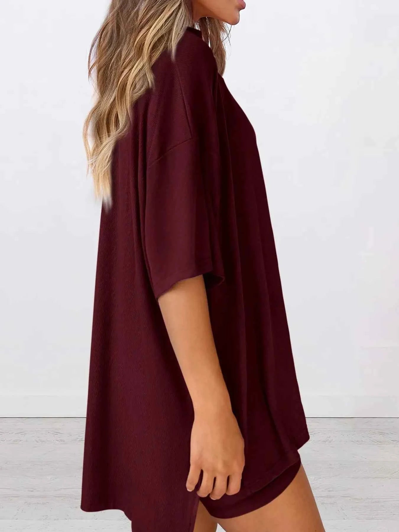 Full Size Oversized Round Neck Top and Shorts Set Plus Size