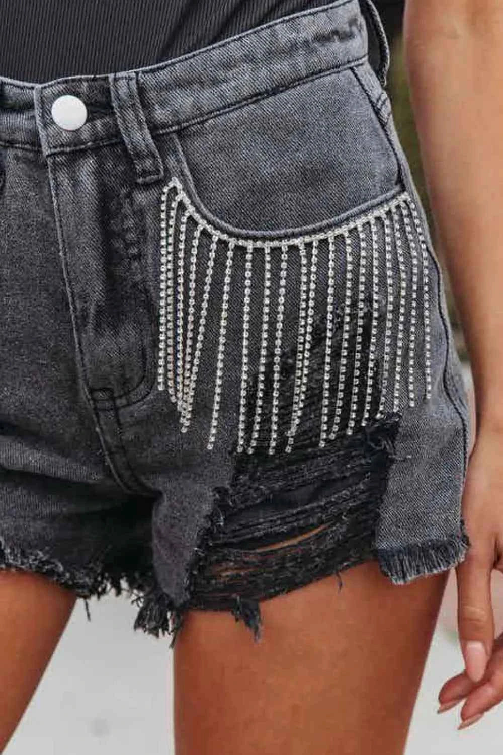 Rhinestone Fringe Distressed Denim Shorts