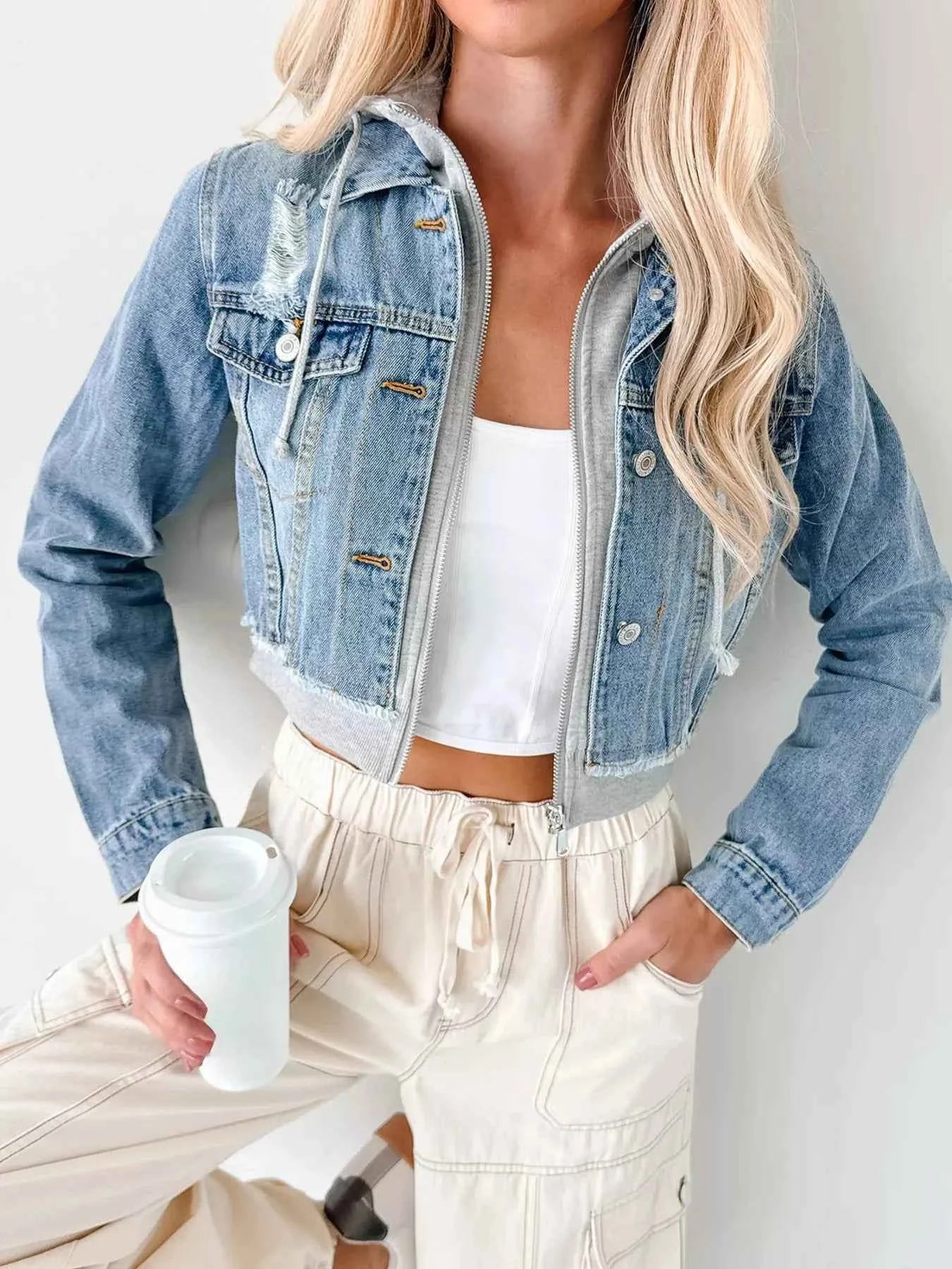 Distressed Zip Up Cropped Hooded Denim Jacket