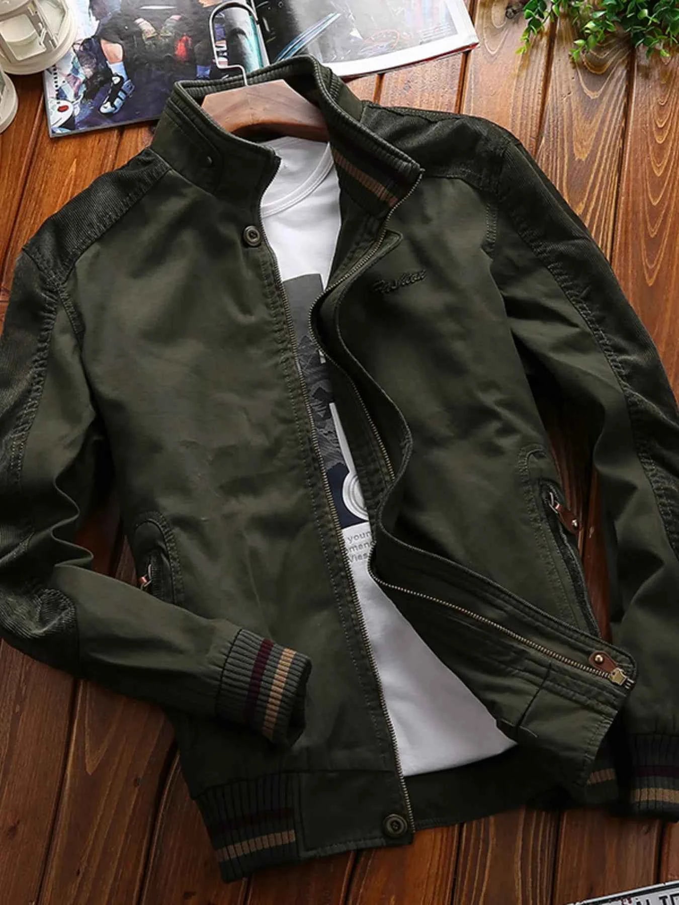 Men's Full Size Bomber Jacket with Ribbed Cuffs and Collar Plus Size