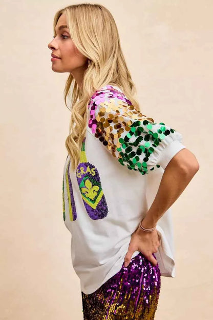 BiBi Sequin Mardi Gras Bottles Spangled Sleeve Top